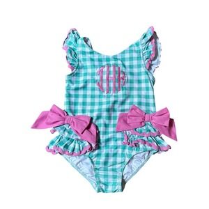 Classic Whimsy Swimsuit Girls Green Gingham Pink Bow Ric Rac SIZE 18-24M